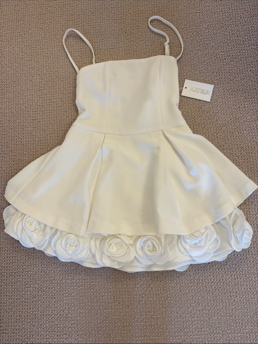 Katie J NYC Ivory Spaghetti Strap Rose Trim Party Dress